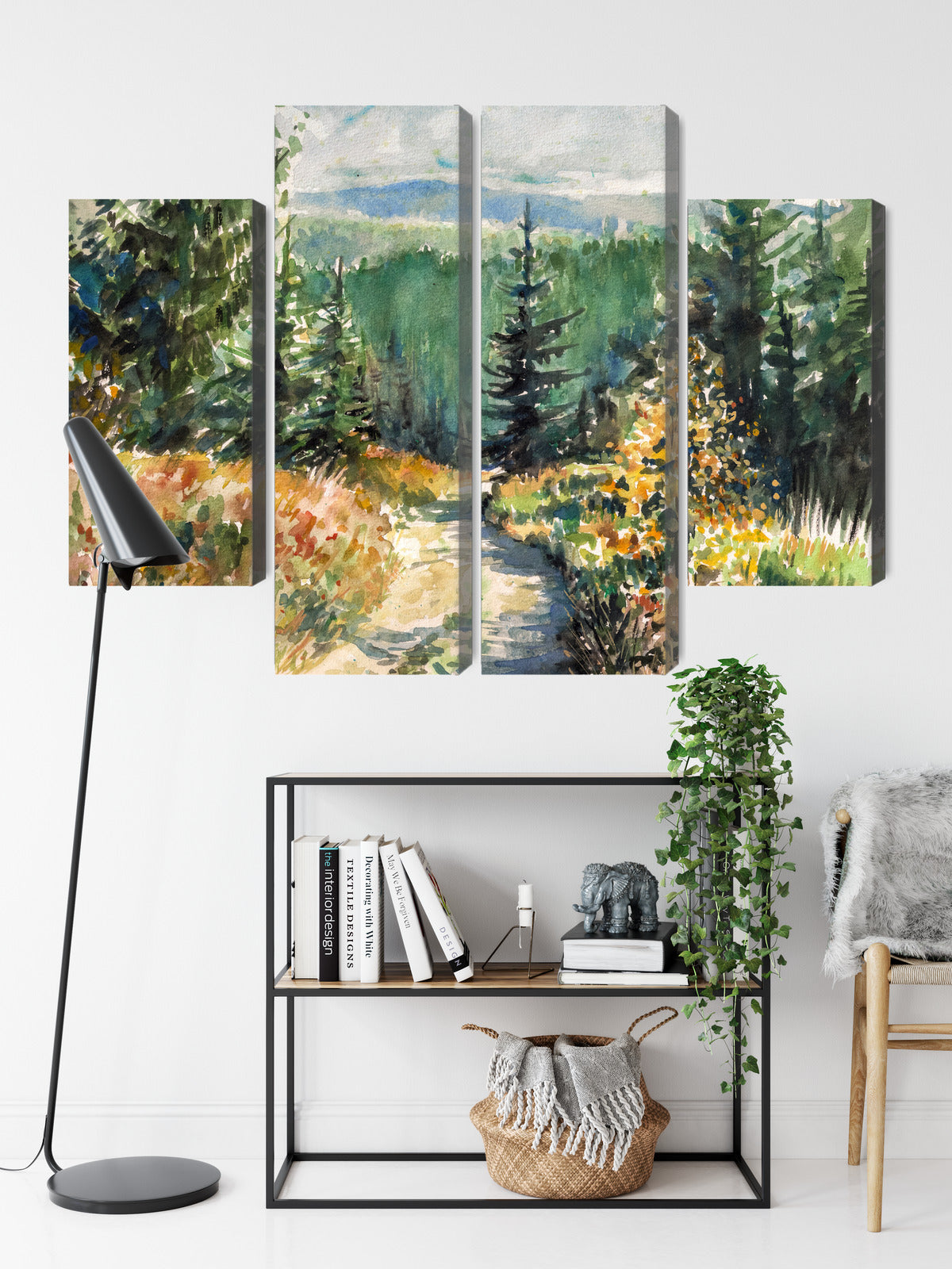 Obraz Wieloczęściowy Leśny Krajobraz Akwarelowy – spokojna panorama do wnętrz skandynawskich, boho i naturalnych – widok 8