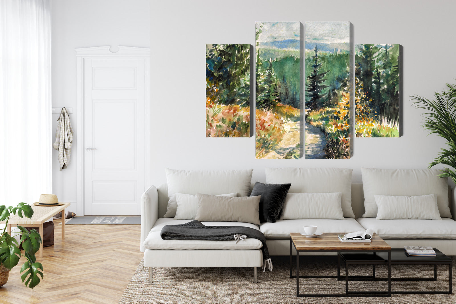 Obraz Wieloczęściowy Leśny Krajobraz Akwarelowy – spokojna panorama do wnętrz skandynawskich, boho i naturalnych – widok 5