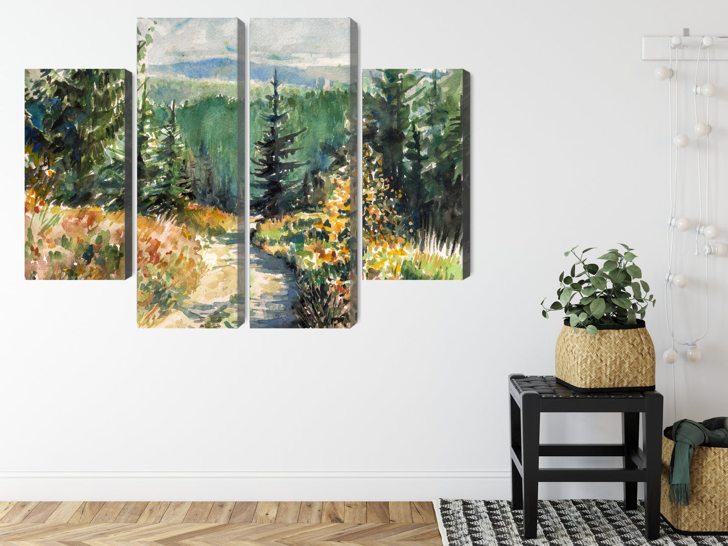 Obraz Wieloczęściowy Leśny Krajobraz Akwarelowy – spokojna panorama do wnętrz skandynawskich, boho i naturalnych – widok 7