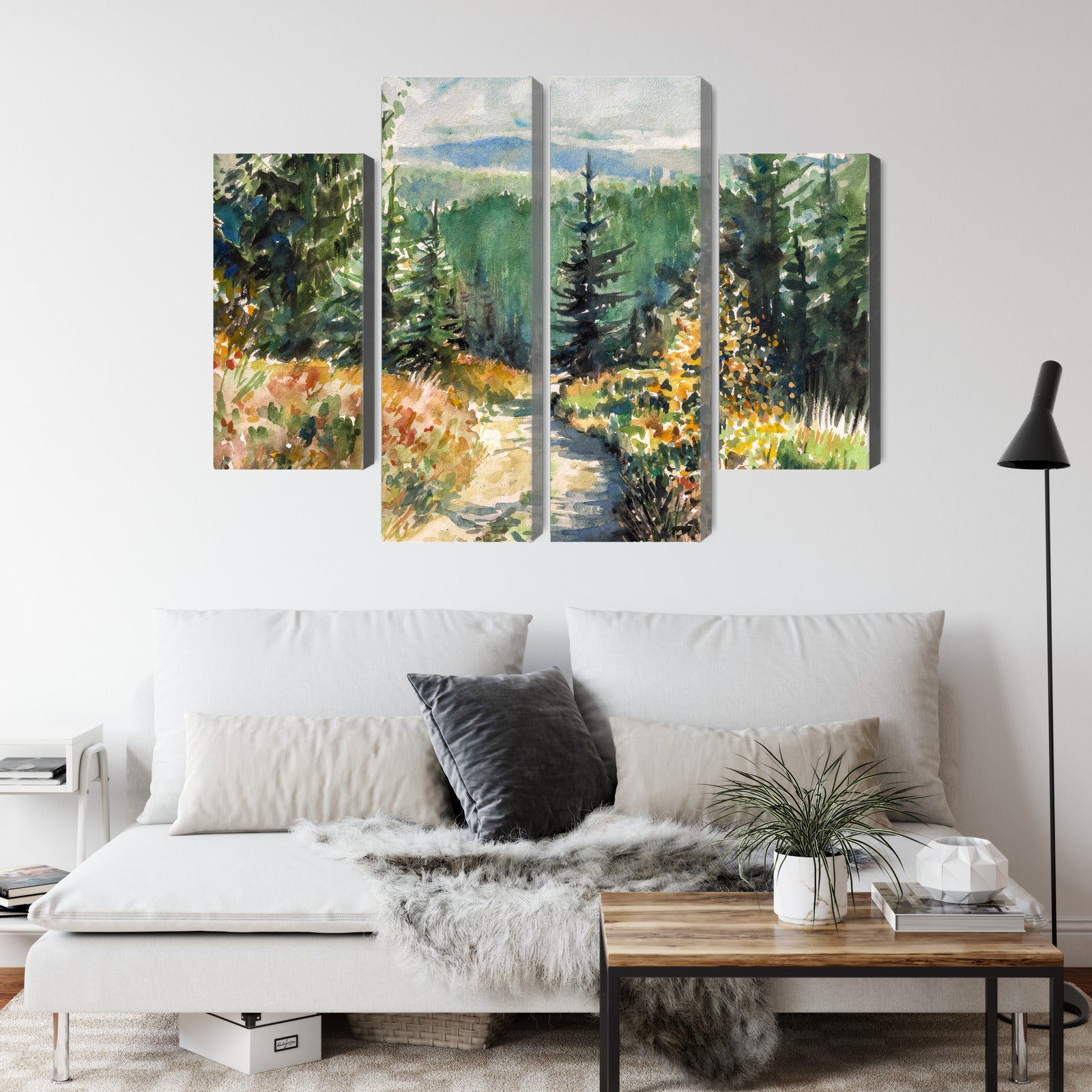 Obraz Wieloczęściowy Leśny Krajobraz Akwarelowy – spokojna panorama do wnętrz skandynawskich, boho i naturalnych – widok 3
