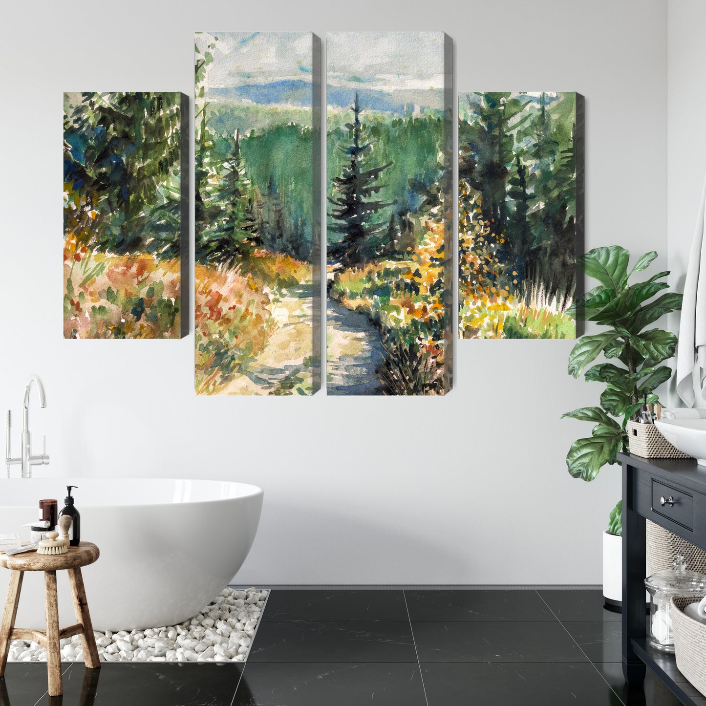 Obraz Wieloczęściowy Leśny Krajobraz Akwarelowy – spokojna panorama do wnętrz skandynawskich, boho i naturalnych – widok 4