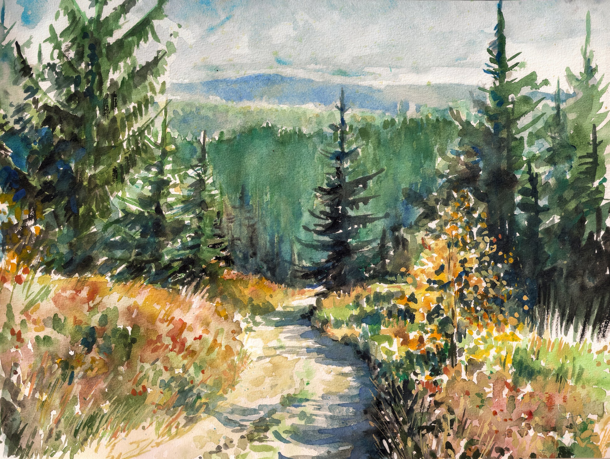 Obraz Wieloczęściowy Leśny Krajobraz Akwarelowy – spokojna panorama do wnętrz skandynawskich, boho i naturalnych 200x150