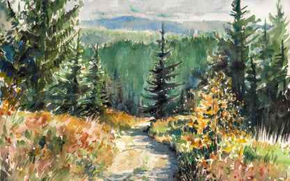Obraz Wieloczęściowy Leśny Krajobraz Akwarelowy – malownicza natura do wnętrz skandynawskich, boho i naturalnych 240x150