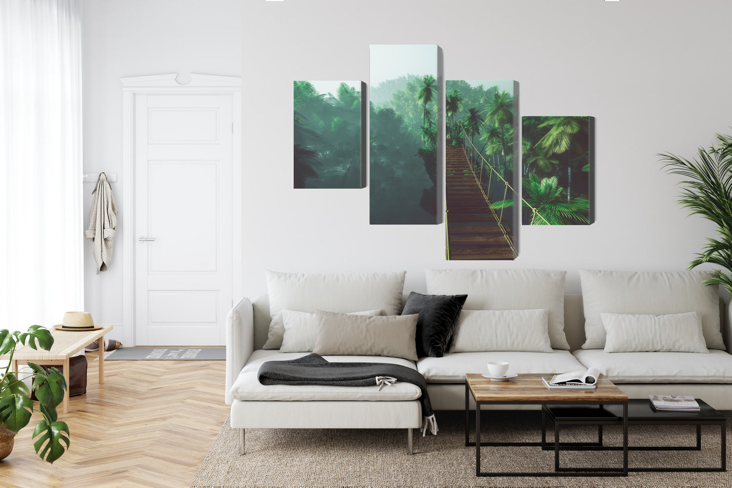 Obraz Wieloczęściowy Most Linowy w Dżungli – Tropikalna Głębokość do wnętrz Boho, Eklektycznych i Modern Tropical – widok 5
