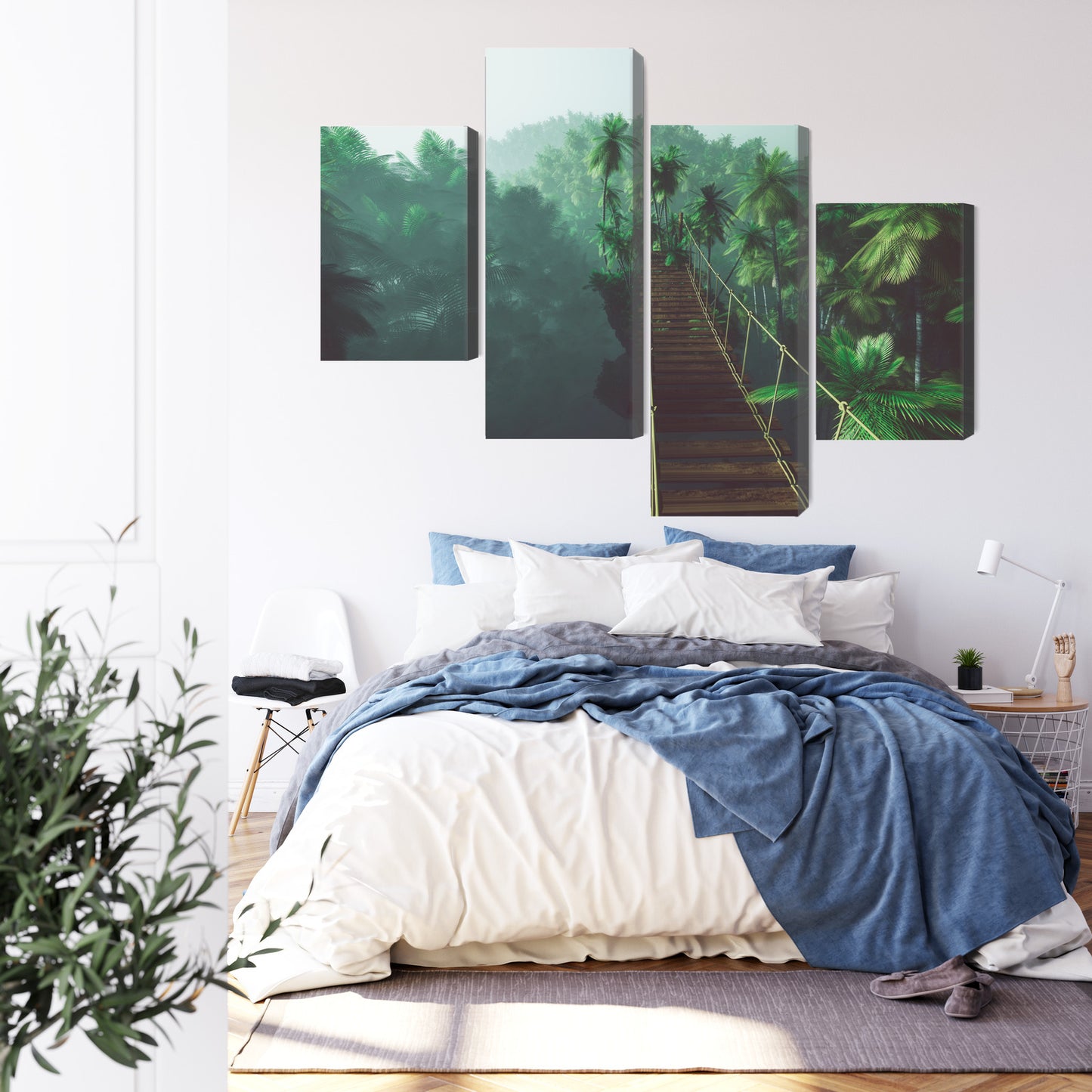 Obraz Wieloczęściowy Most Linowy w Dżungli – Tropikalna Głębokość do wnętrz Boho, Eklektycznych i Modern Tropical – widok 2