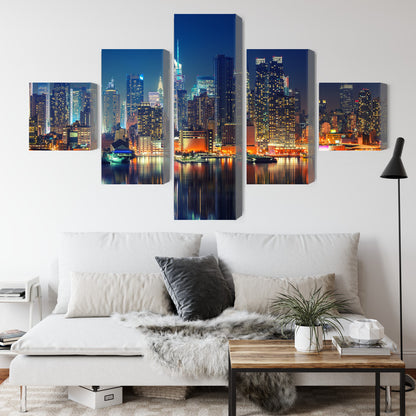 Obraz Wieloczęściowy Manhattan Nocą – miejska panorama do wnętrz nowoczesnych, loftowych i glamour – widok 3