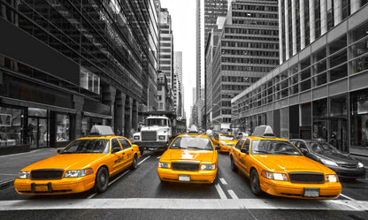 Obraz Wieloczęściowy Żółte Taksówki Nowy Jork – dynamiczna panorama do wnętrz nowoczesnych i industrialnych 250x150