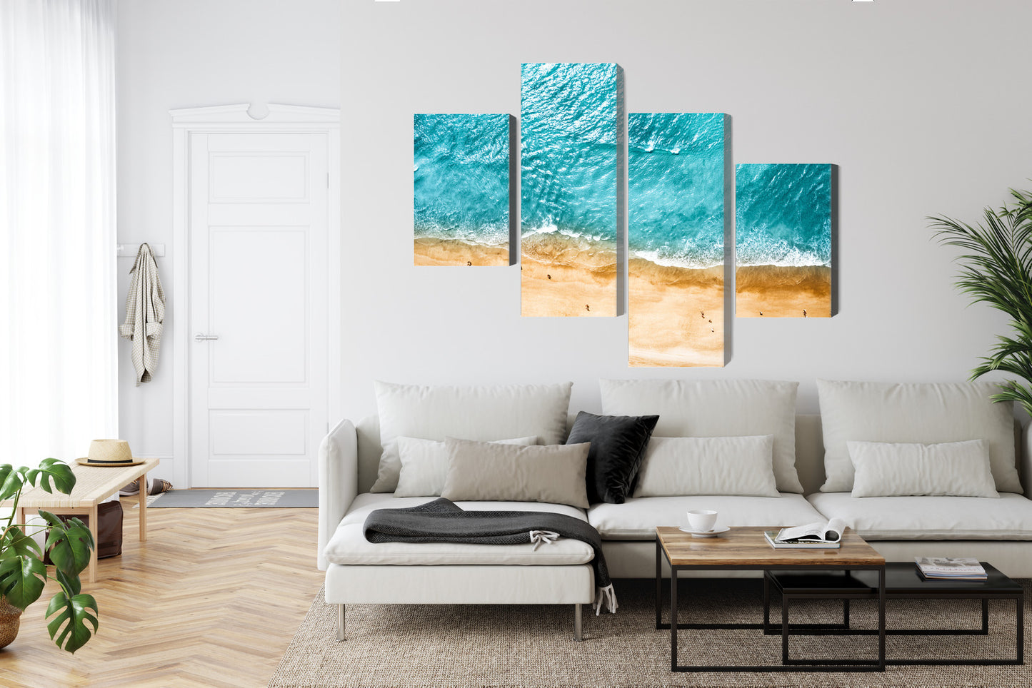Obraz Wieloczęściowy Ocean i Plaża – błękitny spokój z lotu ptaka do wnętrz Coastal, Hamptons, skandynawskich – widok 5