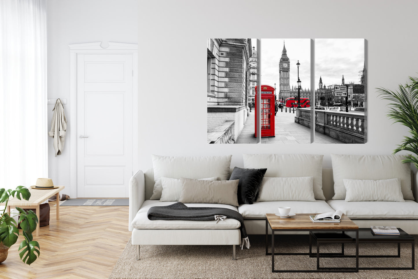Obraz Wieloczęściowy Londyńska Budka i Big Ben – miejski akcent do wnętrz industrialnych i nowoczesnych – widok 5