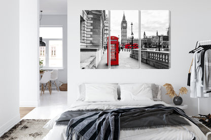 Obraz Wieloczęściowy Londyńska Budka i Big Ben – miejski akcent do wnętrz industrialnych i nowoczesnych – widok 6