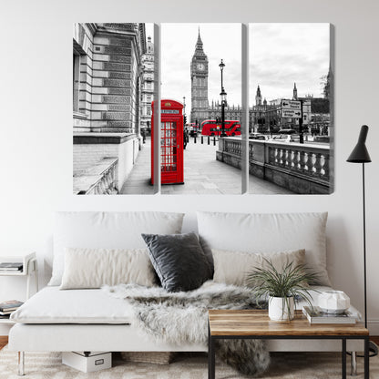 Obraz Wieloczęściowy Londyńska Budka i Big Ben – miejski akcent do wnętrz industrialnych i nowoczesnych – widok 3