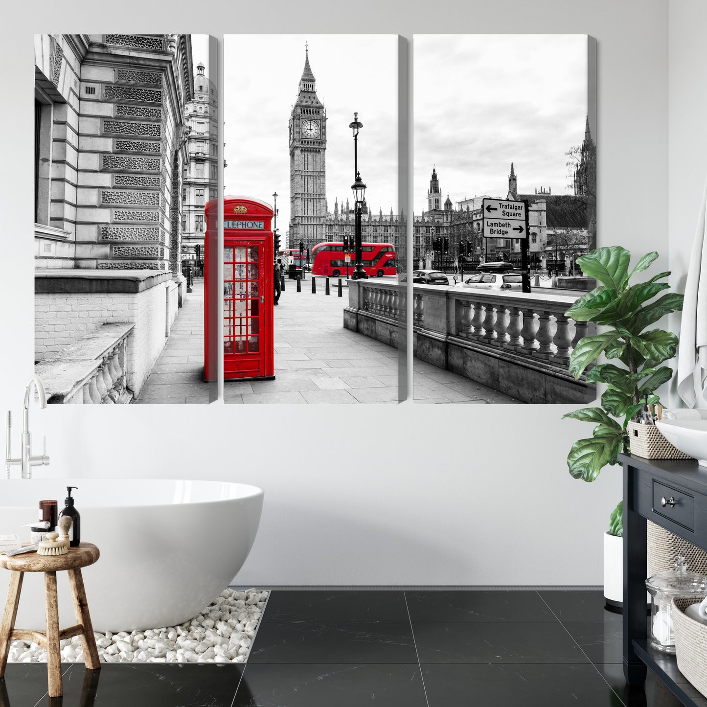 Obraz Wieloczęściowy Londyńska Budka i Big Ben – miejski akcent do wnętrz industrialnych i nowoczesnych – widok 4