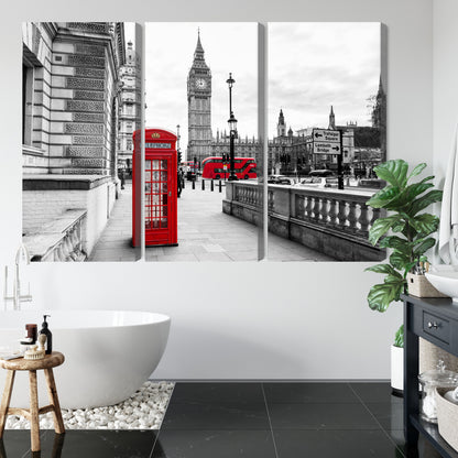 Obraz Wieloczęściowy Londyńska Budka i Big Ben – miejski akcent do wnętrz industrialnych i nowoczesnych – widok 4