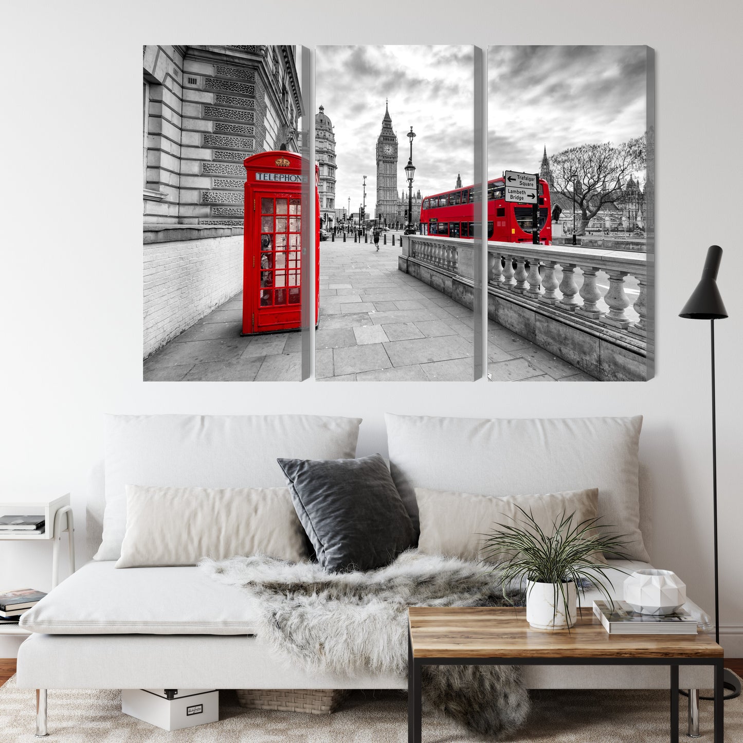 Obraz Wieloczęściowy Londyn: Czerwona Budka i Big Ben – Ikoniczna panorama do wnętrz nowoczesnych, loftowych i eklektycznych – widok 3