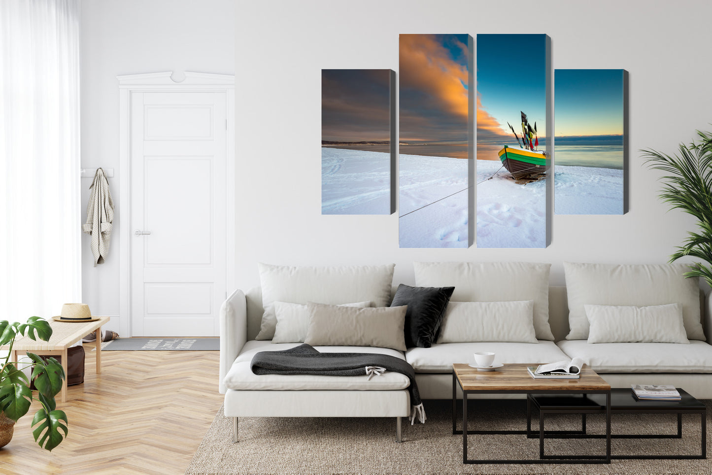 Obraz Wieloczęściowy Kuter Rybacki – zimowy pejzaż do wnętrz skandynawskich, coastal, minimalistycznych – widok 5