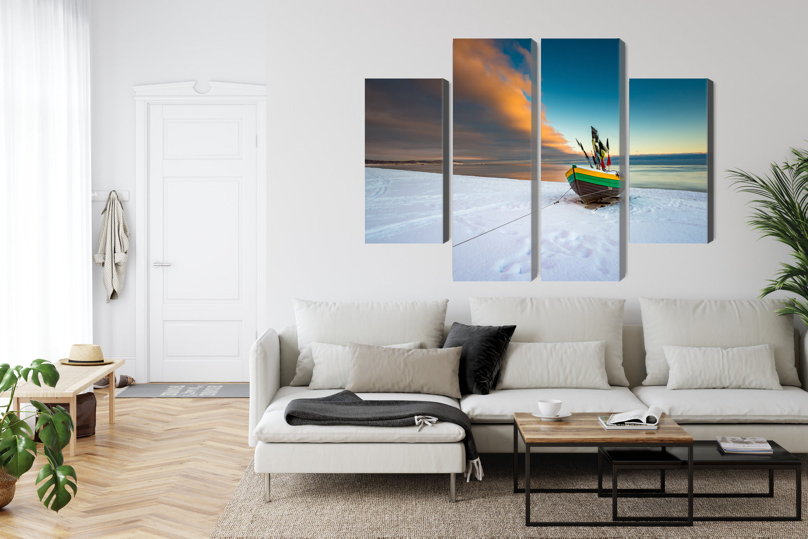 Obraz Wieloczęściowy Kuter Rybacki – zimowy pejzaż do wnętrz skandynawskich, coastal, minimalistycznych – widok 5