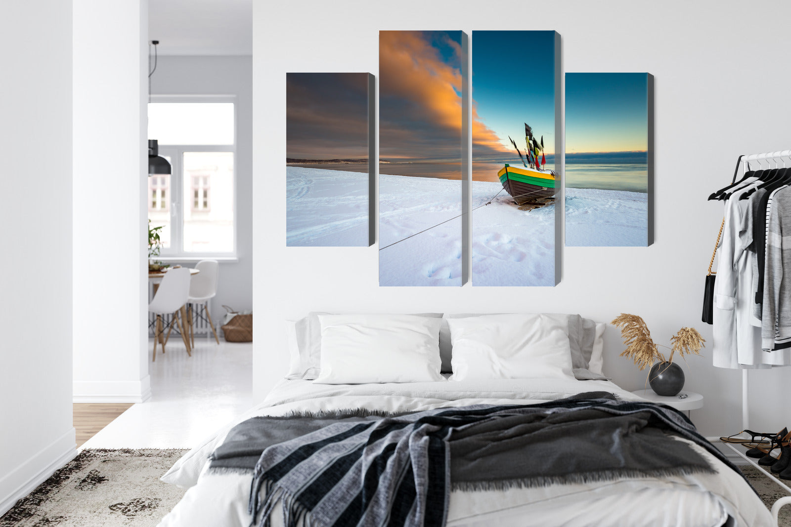 Obraz Wieloczęściowy Kuter Rybacki – zimowy pejzaż do wnętrz skandynawskich, coastal, minimalistycznych – widok 6