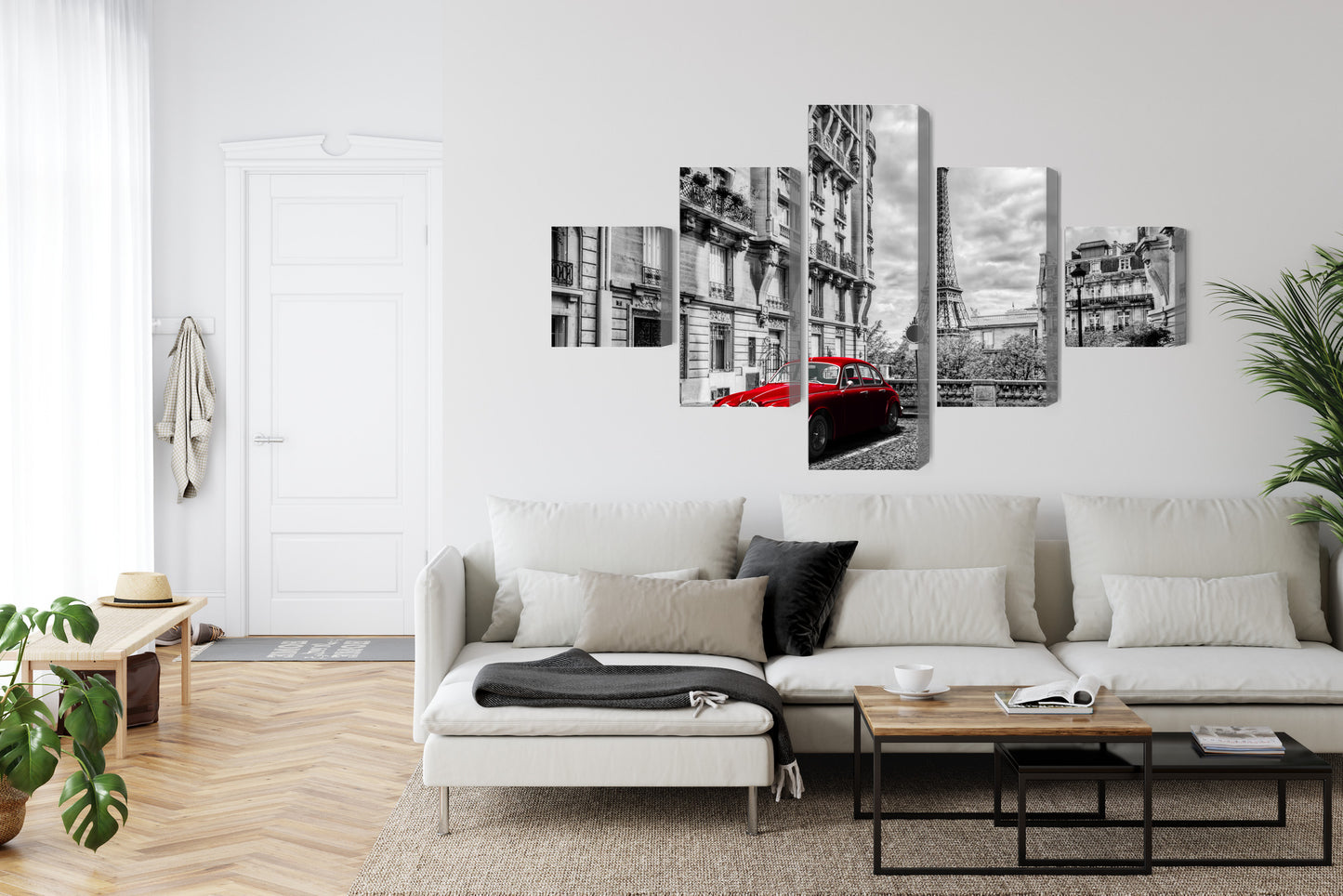Obraz Wieloczęściowy Czerwony Samochód Retro – paryska elegancja do wnętrz industrialnych, nowoczesnych, vintage – widok 5