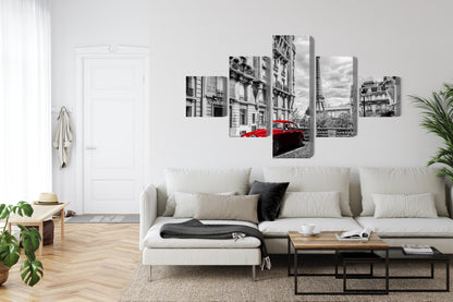 Obraz Wieloczęściowy Czerwony Samochód Retro – paryska elegancja do wnętrz industrialnych, nowoczesnych, vintage – widok 5