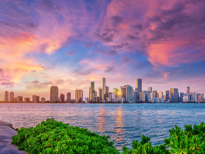 Obraz Wieloczęściowy Panorama Miami – zjawiskowy zachód słońca do wnętrz nowoczesnych, loftowych i glamour 200x150