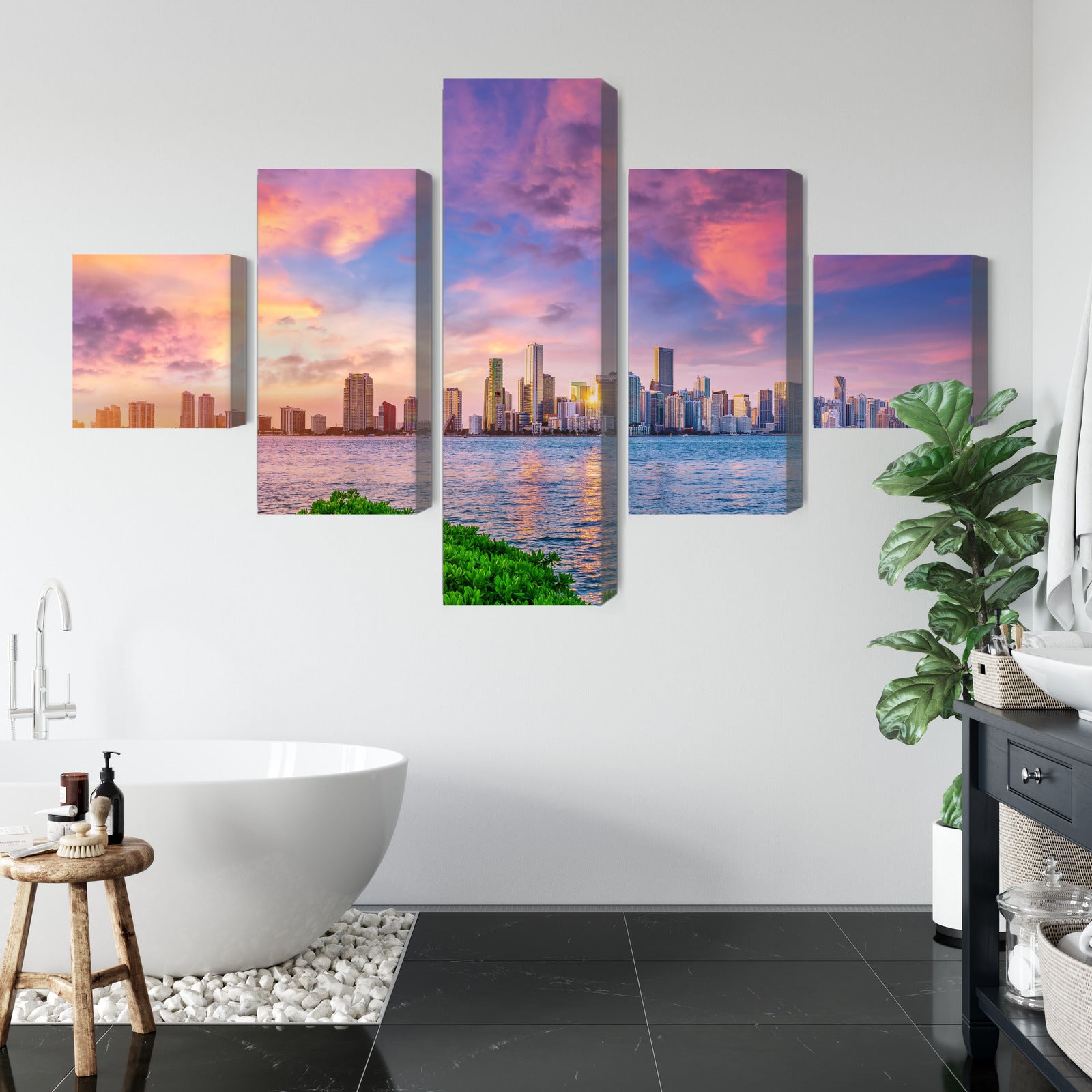 Obraz Wieloczęściowy Panorama Miami – spektakularny zachód słońca do wnętrz nowoczesnych i glamour – widok 4