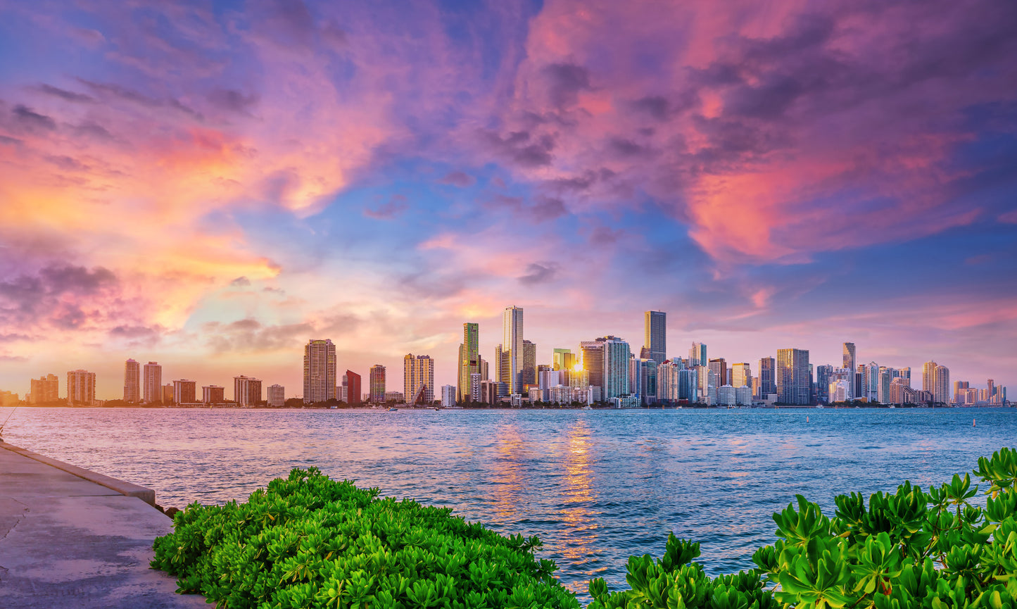 Obraz Wieloczęściowy Panorama Miami – spektakularny zachód słońca do wnętrz nowoczesnych i glamour 250x150