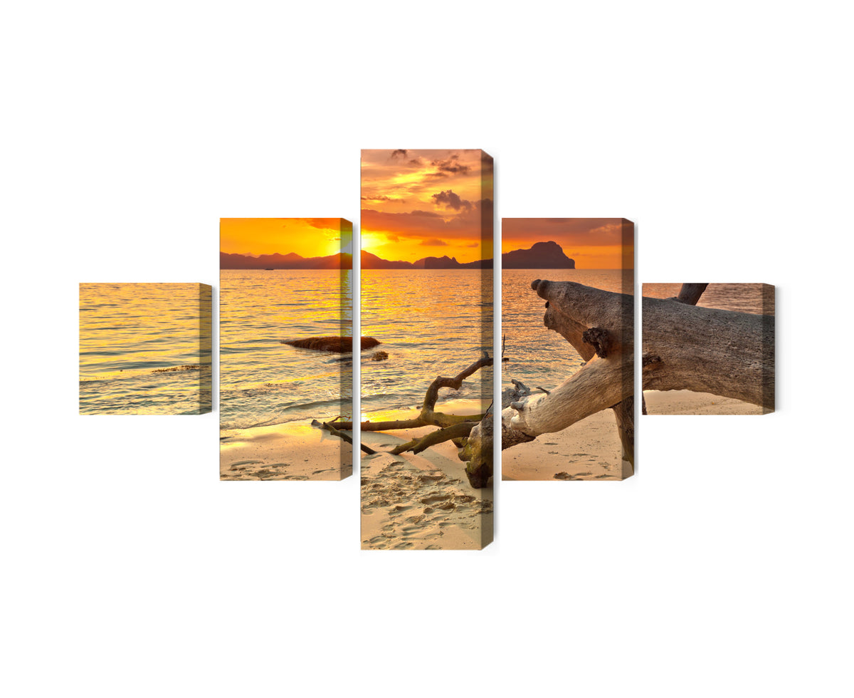 Obraz Wieloczęściowy Morski Zachód Słońca – spokojna panorama do wnętrz boho, coastal i nowoczesnych – 5 części (150x90–250x150 cm) – układ paneli