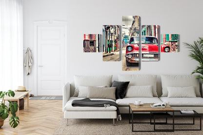 Obraz Wieloczęściowy Czerwony Chevrolet Retro – klasyczny design do wnętrz industrialnych i nowoczesnych – widok 5