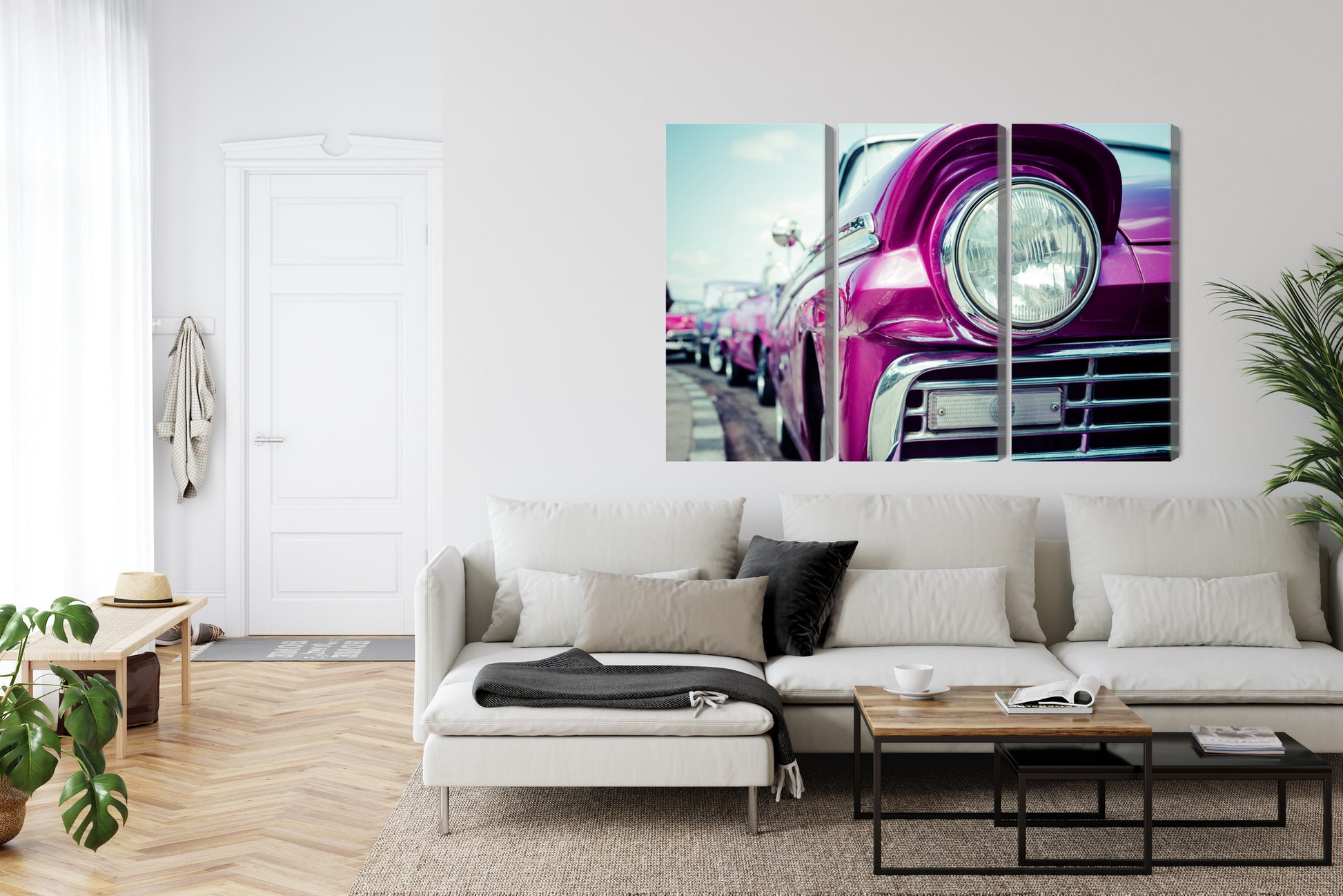 Obraz Wieloczęściowy Reflektor Retro Auto Na Kubie – barwna kompozycja do wnętrz vintage i eklektycznych – widok 5