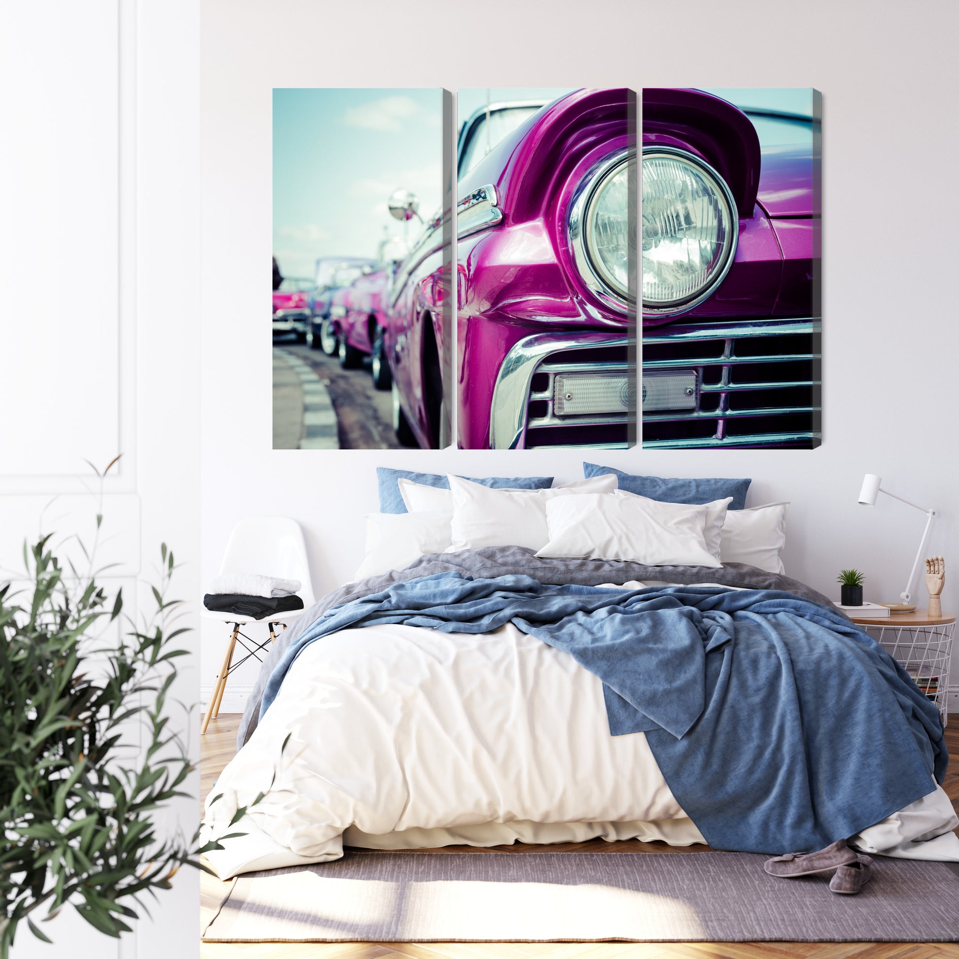 Obraz Wieloczęściowy Reflektor Retro Auto Na Kubie – barwna kompozycja do wnętrz vintage i eklektycznych – widok 2
