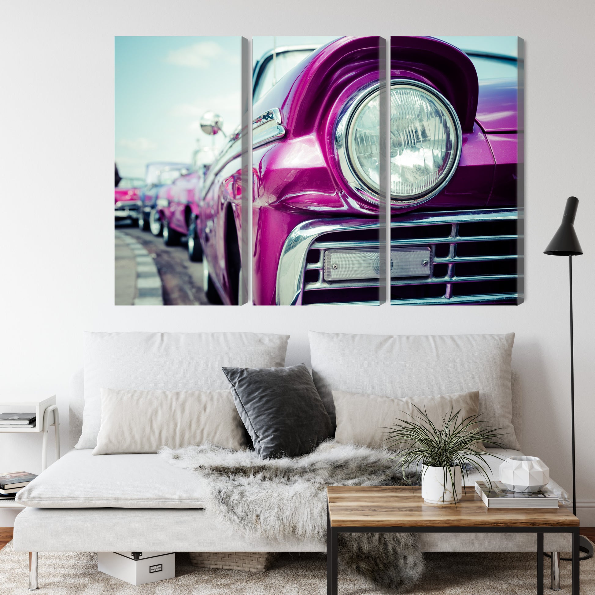 Obraz Wieloczęściowy Reflektor Retro Auto Na Kubie – barwna kompozycja do wnętrz vintage i eklektycznych – widok 3