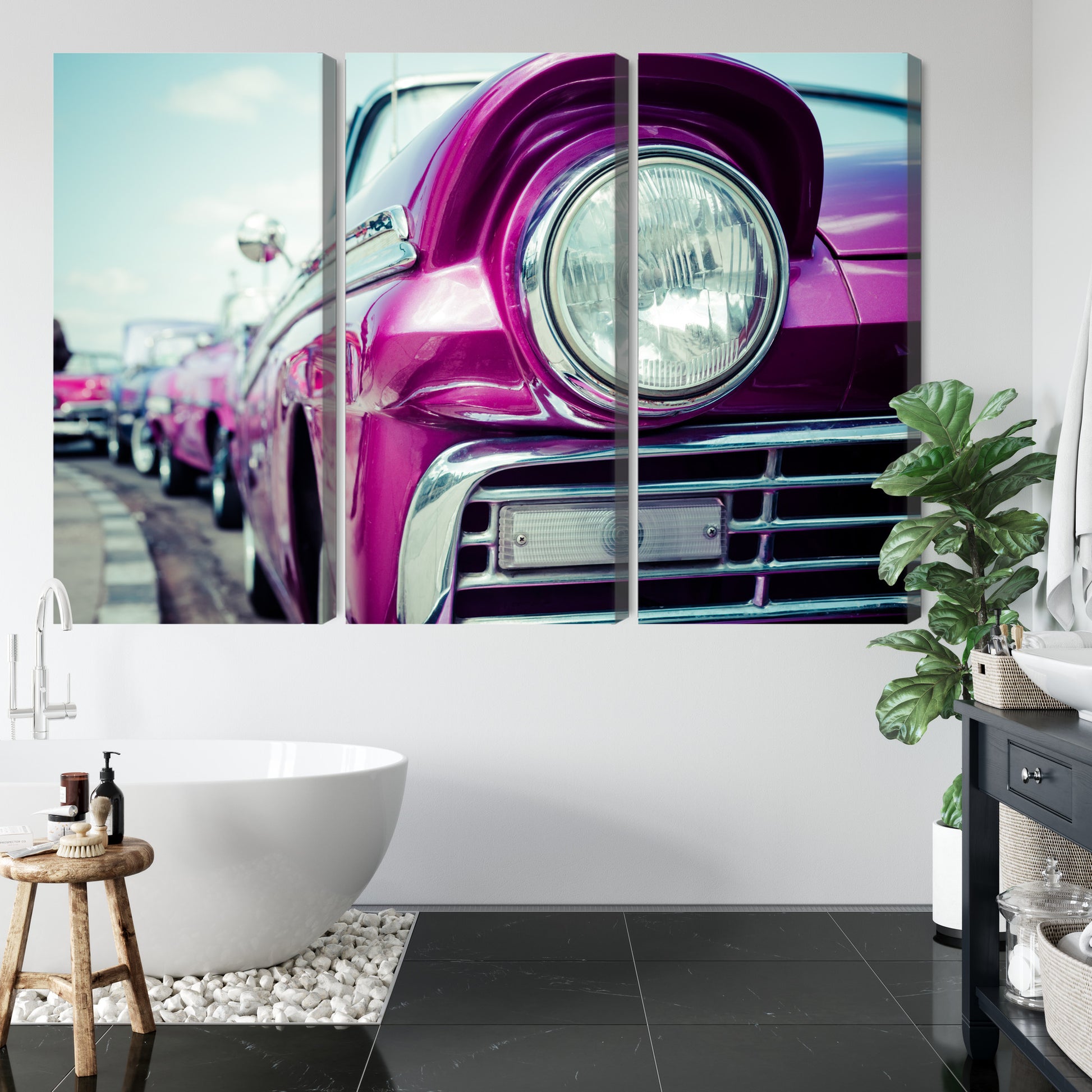 Obraz Wieloczęściowy Reflektor Retro Auto Na Kubie – barwna kompozycja do wnętrz vintage i eklektycznych – widok 4