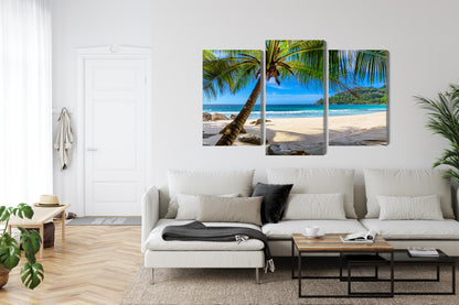 Obraz Wieloczęściowy Tropikalna Plaża z Palmą – Egzotyczna oaza spokoju do wnętrz Coastal, Boho i Modern – widok 5