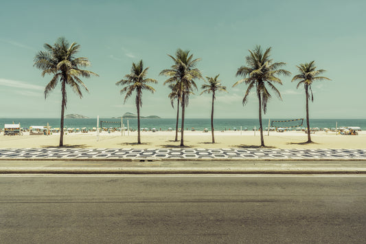 Obraz Wieloczęściowy Palmy Ipanema – egzotyczna panorama do wnętrz boho, eklektycznych, coastal 180x120