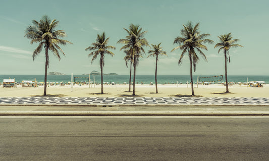 Obraz Wieloczęściowy Palmy na Plaży Ipanema – egzotyczna panorama do wnętrz boho, Hampton i nowoczesnych 250x150