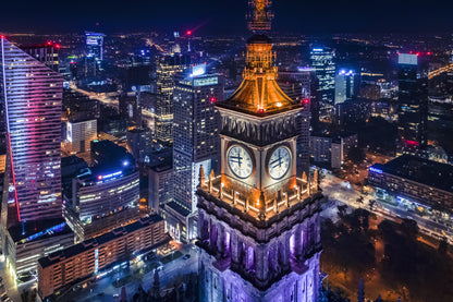 Obraz Wieloczęściowy Nocna Panorama Warszawy – miejska elegancja do wnętrz nowoczesnych i loftowych 180x120