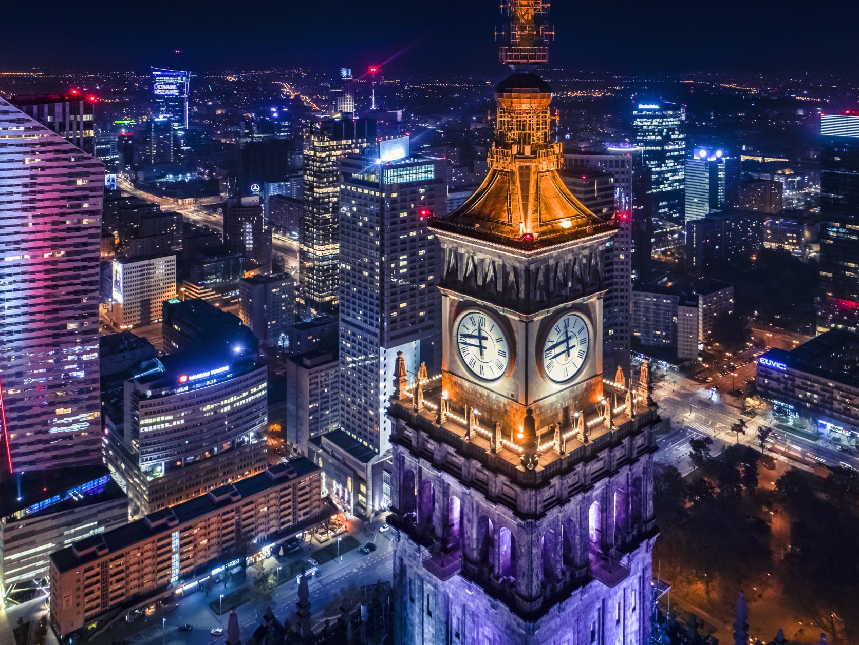 Obraz Wieloczęściowy Warszawa Nocą – miejski widok do wnętrz nowoczesnych, loftowych i eleganckich 200x150