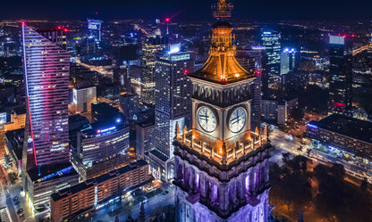 Obraz Wieloczęściowy Warszawska Panorama Nocą – miejski blask do wnętrz nowoczesnych, industrialnych i loftowych 250x150