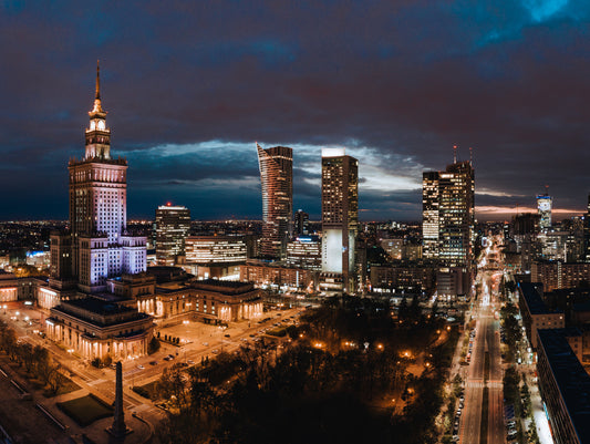 Obraz Wieloczęściowy Panorama Nocna Warszawy – miejski blask do wnętrz nowoczesnych, industrialnych, loft 200x150