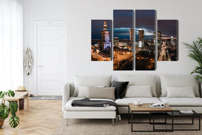 Obraz Wieloczęściowy Panorama Nocna Warszawy – miejski blask do wnętrz nowoczesnych, industrialnych, loft – widok 5