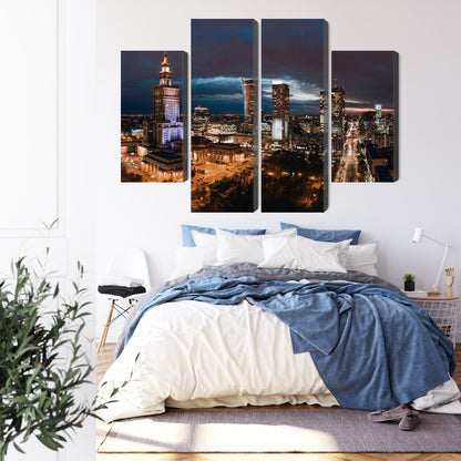 Obraz Wieloczęściowy Panorama Nocna Warszawy – miejski blask do wnętrz nowoczesnych, industrialnych, loft – widok 2
