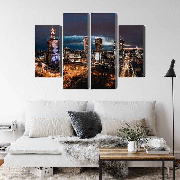 Obraz Wieloczęściowy Panorama Nocna Warszawy – miejski blask do wnętrz nowoczesnych, industrialnych, loft – widok 3