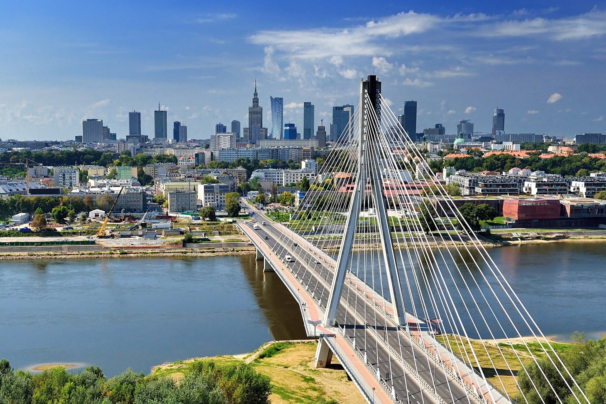 Obraz Wieloczęściowy Most i Panorama Warszawy – miejski pejzaż do wnętrz nowoczesnych, loftowych i minimalistycznych 180x120