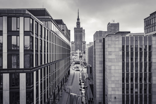 Obraz Wieloczęściowy Panorama Warszawy – czarno-biała kompozycja do wnętrz loftowych i minimalistycznych 180x120