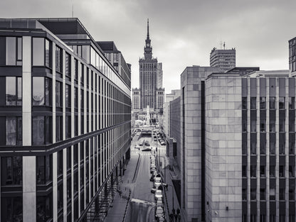 Obraz Wieloczęściowy Panorama Warszawy – czarno-biała miejska do wnętrz nowoczesnych, industrialnych 200x150