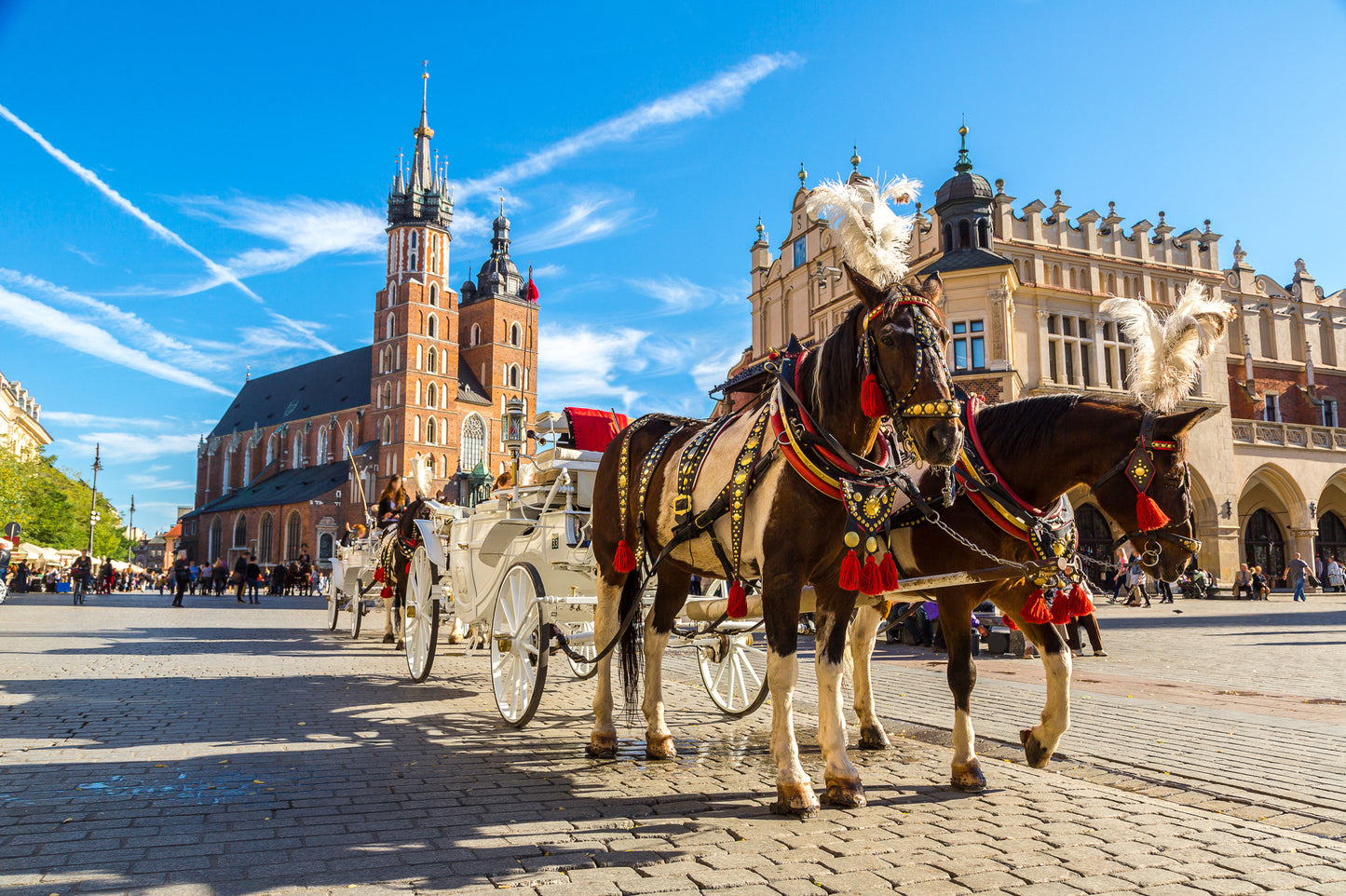 Obraz Wieloczęściowy Krakowski Rynek z powozami – klasyczny styl miejski do eleganckich i tradycyjnych wnętrz 180x120
