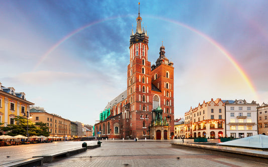Obraz Wieloczęściowy Bazylika Mariacka Kraków – tęczowa panorama do wnętrz nowoczesnych i artystycznych 240x150