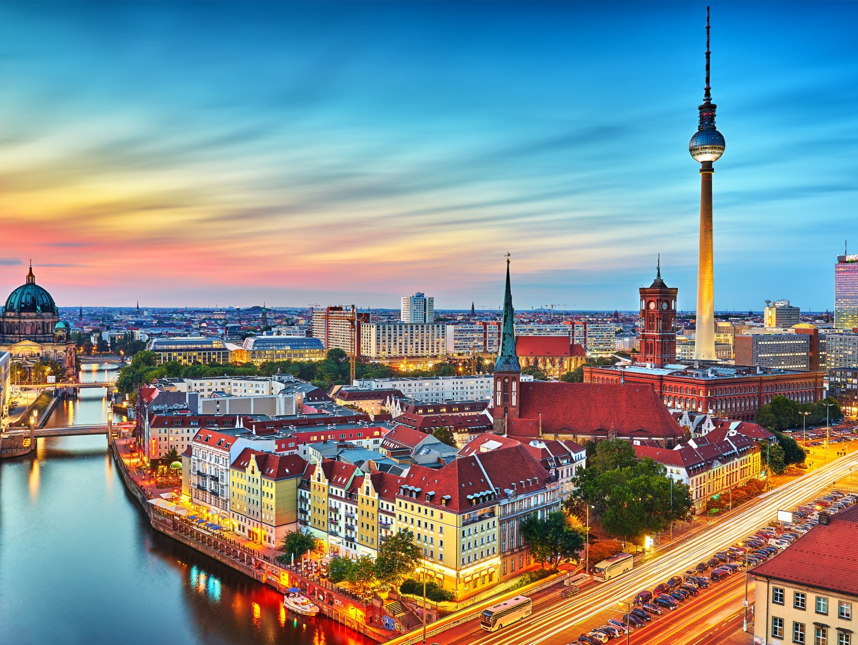Obraz Wieloczęściowy Kolorowe Niebo Berlin – dynamiczna panorama do wnętrz nowoczesnych i eklektycznych 200x150