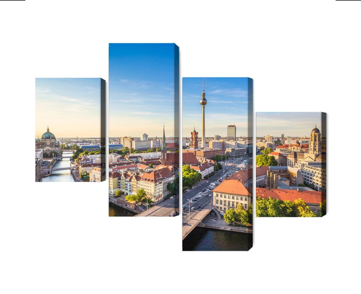 Obraz Wieloczęściowy Rzeka Sprewa i Panorama Berlina – miejska pejzażowa harmonia do wnętrz nowoczesnych i urbanistycznych – 4 części (80x50–240x150 cm) – układ paneli