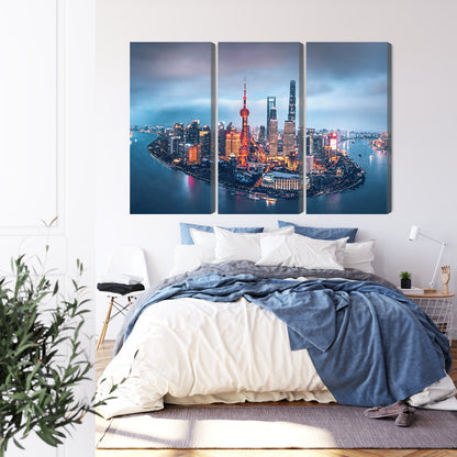 Obraz Wieloczęściowy Panorama Szanghaju Nocą – miejski krajobraz do wnętrz nowoczesnych, industrialnych, loftowych – widok 2